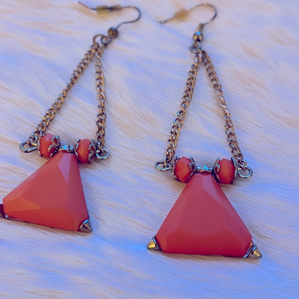 Coral and Gold Geometric Dangle Earrings